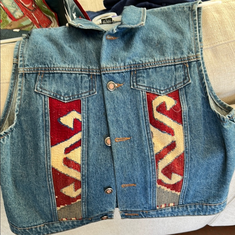 Denim Vest with Red and Cream Pattern
